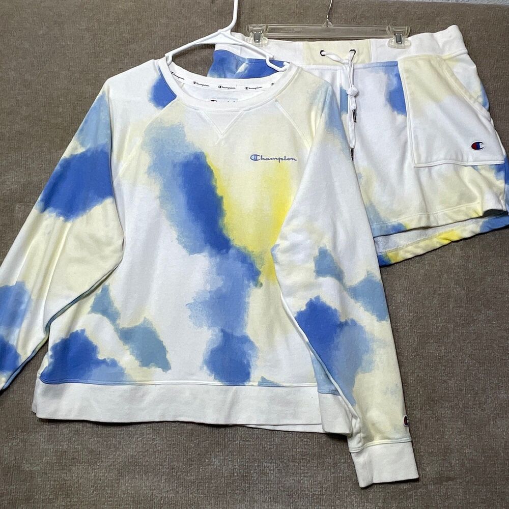 Champion Sweatshirt Shorts Set Womens 1X Tie Dye Blue Yellow Lounge Cozy Soft